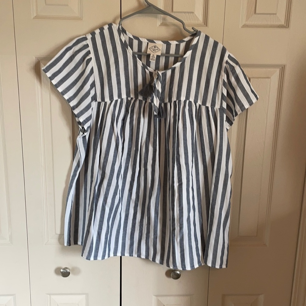 Blue and white striped blouse w/ tassel